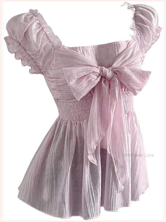 Tops - Women's Summer Puff Sleeve Peplum Blouse Tie Bow Chiffon Top